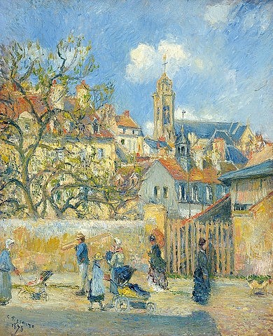 Camille Pissarro, Le Parc aux Charrettes, Pontoise. 1878 (Impressionismus,19. Jahrhundert,Pissarro,Camille,1830-1903,Öl auf Leinwand,Christie's Images Ltd,Camille Pissarro,Handwagen,Kinderwagen,Frühling,Mauer,Pontoise,blauer Himmel,sonnig,Passanten,schieben,Kirchturm,Spaziergänger,Frauen,Licht,Baum, französische)