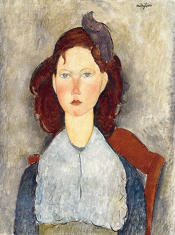 Amadeo Modigliani, Sitzendes Mädchen (Fillette assise). 1918 (Modigliani,Amadeo,1884-1920,Christie's Images Ltd,Öl auf Leinwand,20. Jahrhundert,Portrait,Amedeo Modigliani,braunhaarig,brünett,Mädchen,von vorne,Haarschleife,ernst,ernsthaft,Stuhl,Teenager,graue Augen,ausdruckslos,Halbfigur)