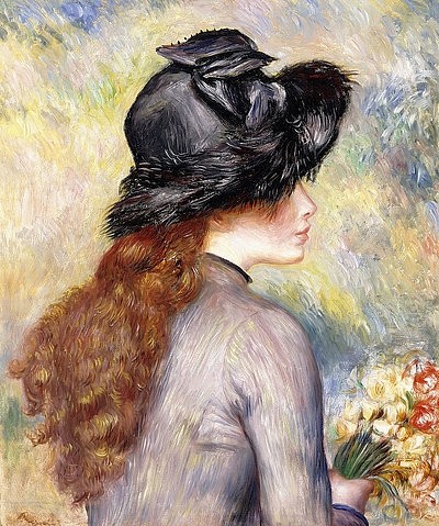 Pierre-Auguste Renoir, Junges Mädchen mit einem Tulpenstrauß (Jeune Fille au Bouquet de Tulipes). Um 1878 (Portrait, Mädchen, Profil, schwarzer Hut, Teenager  Tulpenstrauß, langes Haar, Eleganz, Impressionismus, klassische Moderne, Wunschgröße, Wohnzimmer, Malerei)