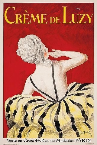 Leonetto Cappiello, 'Crème de Luzy'. 1919. Gedruckt von Devambez, Paris. (Werbung, Creme, Kosmetik, Rückenakt, frivol, Bar, Treppenhaus, Wohnzimmer, Plakatkunst, Farblithographie, Grafik, Nostalgie, Wunschgröße, bunt)