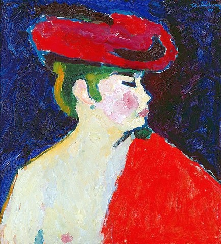 Alexej von Jawlensky, Mädchen mit rotem Schal. (Jawlensky,Alexej von,Privatbesitz Otto Stangl,1864-1941,Alexej von Jawlensky,19. Jahrhundert,20. Jahrhundert,Deutschland,deutsch,Expressionismus,expressionistisch,Blaue Reiter,Portrait,Mädchen,Frau,Frau, junge,Akt,Akt, weiblich,Hut,Schal,Rot,Ohrring,stolz)