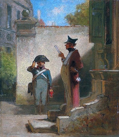 Carl Spitzweg, Der Platzkommandant. 1848-50 (Spitzweg,Carl,1808-1885,Christie's Images Ltd,Öl/Karton,19. Jahrhundert,Carl Spitzweg,Kommandant,Uniform,groß,klein,Mann,Männer,stramm stehen,salutieren,Anweisung erhalten,Chef,streng,Haltung,Größenunterschied,Militär)