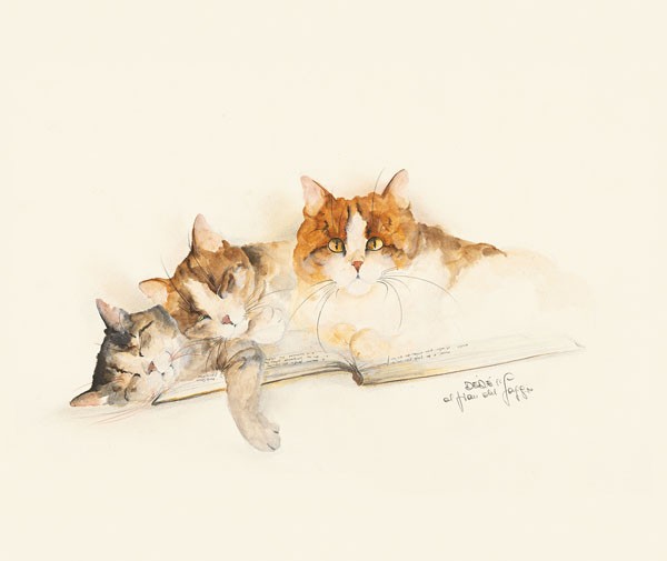 Dédé Moser, KATZEN (Katzen, Haustiere, Tiere, niedlich, kuschelig, Aquarell, Treppenhaus, Wohnzimmer, Wunschgröße)