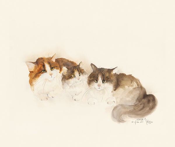 Dédé Moser, KATZEN (Katzen, Haustiere, Tiere, niedlich, kuschelig, Aquarell, Treppenhaus, Wohnzimmer, Wunschgröße)