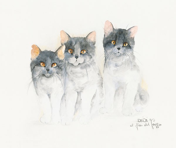 Dédé Moser, KATZEN (Katzen, Haustiere, Tiere, niedlich, kuschelig, Aquarell, Treppenhaus, Wohnzimmer, Wunschgröße)