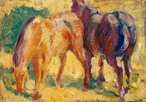 Franz Marc, Kleines Pferdebild. 1909. (Marc,Franz,1880-1916,Kochel,Franz-Marc-Museum,Öl auf Leinwand,Pferde,Marc, Franz 1880-1916,Franz Marc,19. Jahrhundert,20. Jahrhundert,Deutschland,deutsch,Expressionismus,expressionistisch,expressiv,Blaue Reiter,Natur,impressionistisch,skizzenhaft,Skizze,T)