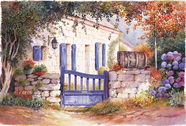 Jean-Marc Chamard, BLAUE TÜR II (Landschaft, Garten, Steinhaus, mediteran, Gartentor, Blumen, Idylle, Nostalgie, Wohnzimmer, Treppenhaus, Malerei, Wunschgröße, bunt)