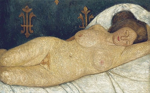 Paula Modersohn-Becker, Liegender weiblicher Akt. 1905-06 (Modersohn-Becker,Paula,1876-1907,Christie's Images Ltd,Öl auf Leinwand,20. Jahrhundert,Paula Modersohn-Becker, Bett,Frau,liegen,sich ausruhen,schlafen,Akt)