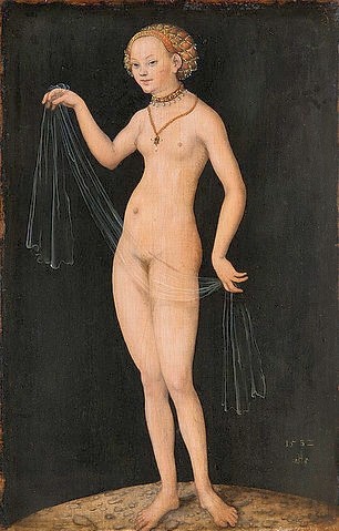 LUCAS CRANACH Der Ältere, Venus. 1532. (Venus, Göttin, Liebesgöttin, Schleier, nackt, Aktmalerei, Mythologie, Klassiker, Renaissance, Wunschgröße, Wohnzimmer, Schlafzimmer)