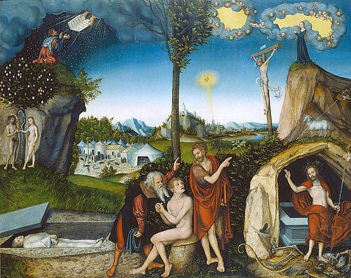 LUCAS CRANACH Der Ältere, Sündenfall und Erlösung des Menschen. Um 1529 (Paradies, Tod, Auferstehung Jesus Christus, Religion, Sündenfall, Erlösung, Moses, Gesetzestafeln, Adam und Eva, Klassiker, Renaissance, Wunschgröße, Wohnzimmer)