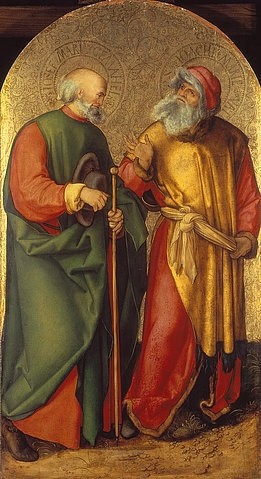 Albrecht Dürer, Jabach-Altar (linker Innenflügel): Die hll. Joseph und Joachim. (München,Alte Pinakothek,Dürer,Albrecht,1471-1528,Lindenholz,Dürer,Albrecht Dürer,Heiliger Joseph,Heiliger Joachim,Heilige,15. Jahrhundert,16. Jahrhundert,Renaissance,Religion,Bibel,Jabach,Altar,links,Innenflügel,Flügel,innen,Gold,Goldgrund,Heiligen,Heilig)