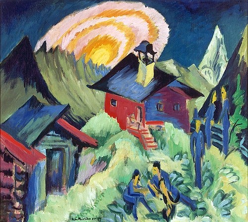 Ernst Ludwig Kirchner, Mondaufgang auf der Staffelalp. 1917. (Kirchner,Ernst Ludwig,Henze & Ketterer Bern,1880-1938,Lwd.,Abend,Mond,Schweiz,Kirchner, Ernst Ludwig 1880-1938,Ernst Ludwig Kirchner,19. Jahrhundert,20. Jahrhundert,Deutschland,deutsch,Expressionismus,expressionistisch,expressiv,Brücke,Landschaft,Natur,Na)