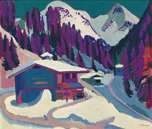 Ernst Ludwig Kirchner, Wildboden im Schnee. 1924/26 (Öl auf Leinwand,Privatbesitz Bern,1880-1938,Kirchner,Ernst Ludwig,Schweiz,Haus,Kirchner, Ernst Ludwig,20. Jahrhundert,Expressionismus,expressionistisch,Brücke,Wildboden,Schnee,Winter,winterlich,Berg,Berge,Gebirge,alpin,Hütte,Alp,Alpen,Alm,Winterurlaub,Idy)