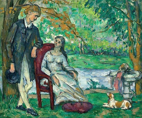 Paul Cézanne, Die Unterhaltung (La Conversation). 1872-73 (Cézanne,Paul,1839-1906,Christie's Images Ltd,Öl auf Leinwand,19. Jahrhundert,Paul Cezanne,Gespräch,Mann,Frau,stehen,sitzen,Paar,draußen,Hund)