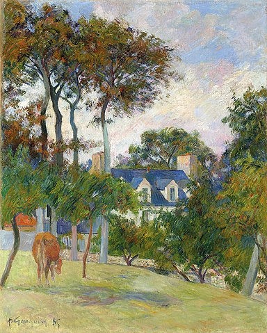 Paul Gauguin, Das weiße Haus (La maison blache). 1885 (Gauguin,Paul,1848-1903,Christie's Images Ltd,Öl auf Leinwand,19. Jahrhundert,Paul Gauguin,Haus,Kuh,weiden,Bäume,Landschaft)