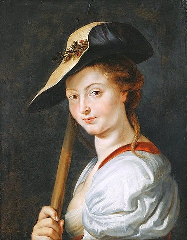 Peter Paul Rubens, Porträt einer jungen Frau als Schäferin, wohl Suzanna Fourment. (Portrait junge Frau, Suzanna Fourment, Brustbild, Schäferin, Hirtin, Hut, selbstbewußt, Persönlichkeit, Barock, Klassiker, Malerei,  Treppenhaus, Wohnzimmer, Wunschgröße, bunt)