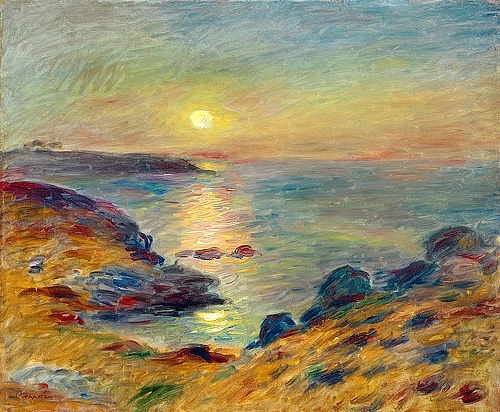 Pierre-Auguste Renoir, Sonnenuntergang in Douarnenez. Um 1883 (Landschaft, Küste, Meer, Meeresbrise, Douarnenez, Bretagne, Abendstimmung, Sonnenuntergang, Horizont, Impressionismus, klassische Moderne, Wunschgröße, Wohnzimmer, Malerei)
