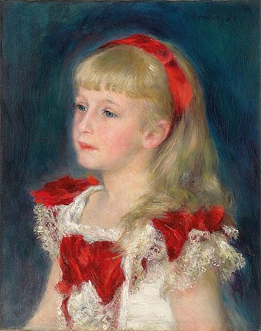 Pierre-Auguste Renoir, Mademoiselle Grimprel mit rotem Haarband (Mademoiselle Grimprel au ruban rouge). Zwischen 1878 und 1881 (Portrait, Mädchen, Hélène Grimprel, blond, rote Schleifen, Sonntagskleid, Impressionismus, klassische Moderne, Wunschgröße, Wohnzimmer, Malerei)