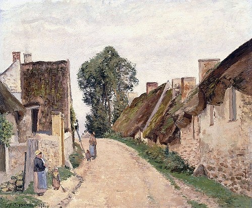 Camille Pissarro, Dorfstraße, Auvers-sur-Oise (Rue de village, Auvers-sur-Oise). 1873 (Pissarro,Camille,1830-1903,Christie's Images Ltd,Öl auf Leinwand,19. Jahrhundert,Impressionismus,Camille Pissarro, Auvers-sur-Oise, Auvers sur Oise,Perspektive,Dorf,dörflich,Dorfstraße,Cottages,Bauernhäuser,Frauen,stehen,Reetdach,Teetdächer, französischer)