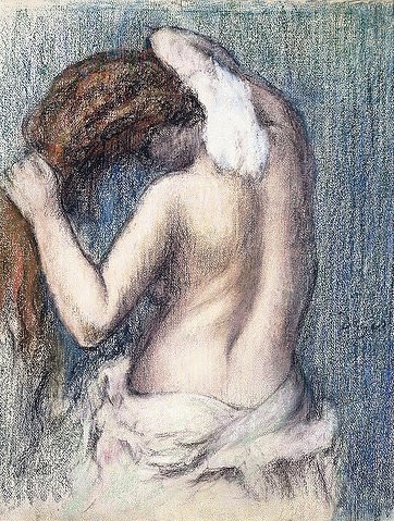 Edgar Degas, Frau beim Abtrocknen (Femme s'essuyant). Um 1906 (Degas,Edgar,1834-1917,Christie's Images Ltd,Pastell/Papier,20. Jahrhundert,Impressionismus,an den Ecken auf Karton montiert,Edgar Degas,1906,Frau,Rücken,Rückenakt,Halbakt,braunhaarig,braunes Haar,sich abtrocknen,nach dem Bad,Körperpflege,langes Haar,Paste)