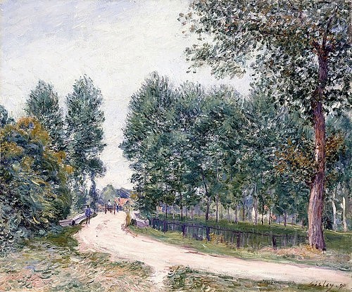 Alfred Sisley, Die Straße nach Saint-Mammes - Am Morgen (Le Chemin de Saint-Mammes - Le matin). 1890 (Landschaft, Landschaftsmalerei, Straße, Morgen, Dämmerung, Frankreich, Idylle, Wohnzimmer, Treppenhaus, Impressionismus, Klassische Moderne, Malerei, Wunschgröße, bunt)