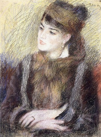 Pierre-Auguste Renoir, Studie einer Frau (Etude de Femme). (Pastell Portrait, Frau, Dame, Tuch, Schal, Studie, gefaltete Hände, Pelz, Impressionismus, klassische Moderne, Wunschgröße, Wohnzimmer, Malerei)
