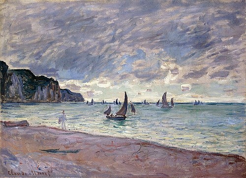 Claude Monet, Fischerboote vor der Küste und den Felsen von Pourville (Barques de Pêche devant la Plage et les Falaises de Pourville). 1882 (Monet,Claude,1840-1926,Christie's Images Ltd,Öl auf Leinwand,Impressionismus,Landschaft,Claude Monet,Seestück,1882,Meer,Segelschiffe,Segelschiffe,Küste,Fischerboot,Fischerboote,grau,blau,Horizont,Strand,Küste,bewölkt,Sand,Himmel,Pourville,Felsen,Felsenküs)