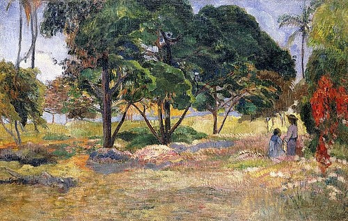 Paul Gauguin, Landschaft mit drei Bäumen (Paysage aux Trois Arbres). 1892 (Landschaft,19. Jahrhundert,Gauguin,Paul,1848-1903,Öl auf Leinwand,Christie's Images Ltd,Paul Gauguin,1892,Tahiti,Tropen,Südsee,exotisch,Baum,Bäume,Natur,Landschaft,Post-Impressionismus,sonnig,warm,Pflanzen,Palme,Frauen)
