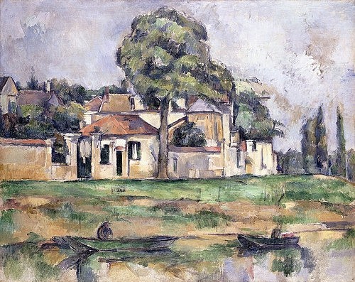 Paul Cézanne, Am Ufer der Marne (Bords de la Marne). Um 1888 (Cézanne,Paul,1839-1906,Christie's Images Ltd,Öl auf Leinwand,19. Jahrhundert,Paul Cezanne,1888,Architektur,Ufer,Flussufer,Fluss,Marne,Häuser,Post-Impressionismus,Ruderboot,Spiegelung,Mauer,ruhig,friedlich)
