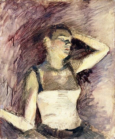 Henri de Toulouse-Lautrec, Studie einer Tänzerin (Etude de Danseuse). 1888 (19. Jahrhundert,Öl auf Leinwand,Christie's Images Ltd,1864-1901,Toulouse-Lautrec,Henri de,Henri de Toulouse-Lautrec,1888,gedankenversunken,Tanz,Tänzerin,Hand am Kopf,erhobener Arm,geschlossene Augen,Konzentration,sich konzentrieren,Studie,weiß)