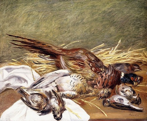 Pierre-Auguste Renoir, Fasane, Trappe und Drosseln (Faisans, Canepetiere et Grives). 1902 (Stillleben, Vögel, Geflügel,  Tiere,Fasan, Jagdbeute, Stroh, Tisch, Impressionismus, klassische Moderne, Wunschgröße, Wohnzimmer, Esszimmer, Malerei)