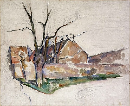 Paul Cézanne, Landschaft im Winter (Paysage d'Hiver). Um 1885 (Cézanne,Paul,1839-1906,Christie's Images Ltd,19. Jahrhundert,Öl und Graphit auf Lwd.,Paul Cezanne,Haus,Giebel,kahl,kahler Baum,Winter,Mauer,Gebäude,unvollendet,unfertig)