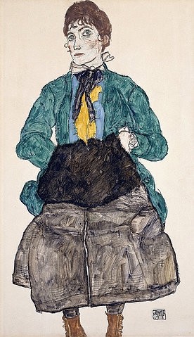 Egon Schiele, Frau in grüner Bluse mit Muff. 1915 (20. Jahrhundert,aufgelegt auf Karton,Gouache und Bleistift auf Papier,Christie's Images Ltd,1890-1918,Schiele,Egon,Egon Schiele,1915,Frau,grün,Bluse,braunhaarig,von vorne,Gouache,grau,Rock,Muff,Schleife,besorgter Blick)