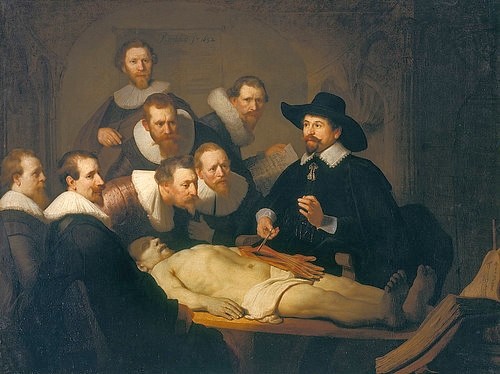 Rembrandt van Rijn, Die Anatomiestunde des Dr. Nicolaes Tulp. 1632 (Rembrandt van Rijn,1606-1669,Den Haag,Mauritshuis,Lwd.,17. Jahrhundert,Portrait,Rembrandt,Arzt,17. Jahrhundert,Medizin,Anatomie,anatomische vorleseung,Gruppenbild,Chirurg,Chirurgen,Arzt,Anatomiestunde,Leiche,Leichnam,sezieren,Pathologie,Demonstration,Musk)