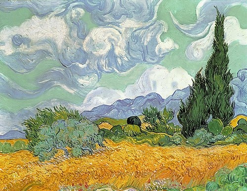 Vincent van Gogh, Weizenfeld mit Zypressen. 1889 (Landschaft, Felder, Korn, Bäume, Hiumel, wolken, Berge, mediterran, Klassische Moderne, Impressionismus, Wohnzimmer, Treppenhaus, Wunschgröße, bunth)