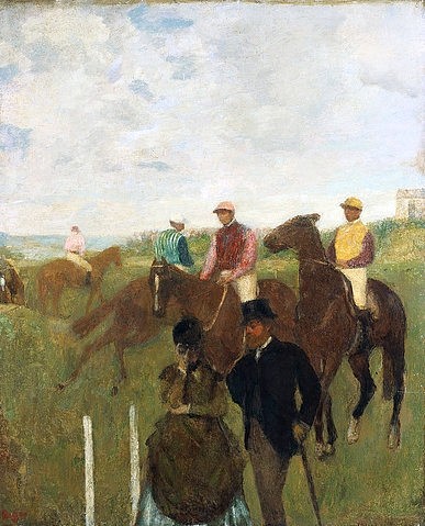 Edgar Degas, Jockeys auf der Rennbahn (Aux Course, Les Jockeys). (Degas,Edgar,1834-1917,Christie's Images Ltd,Öl auf Papier,aufgelegt auf Karton,19. Jahrhundert,Impressionismus,Sport,Edgar Degas,Rennbahn,Pferderennbahn,Fernglas,Paar,Herr,Dame,Zuschauer,Pferderennen,Pferd,Pferde,Jockey,Jockeys,bedeckt,Zylinder, französis)