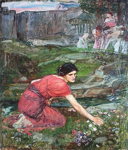 John William Waterhouse, Jungfrauen beim Blumepflücken an einem Bach (Studie). Um 1909-14 (junge Frauen, Blumen, Korb, Felsen, Wiese, Mädchen, Bach, Sommer, Studie, Symbolismus, Präraffaeliten, Klassiker,  Wohnzimmer, bunt)