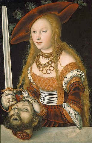 LUCAS CRANACH Der Ältere, Judith mit dem Haupt des Holofernes. (Bibel, Altes Testament, Judith, Hauptmann, abgeschlagener Kopf,  Holofernes, Legende, Schwert, Klassiker, Renaissance, Wunschgröße, Wohnzimmer)