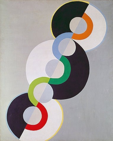 Robert Delaunay, Endloser Rhythmus (Rythme sans fin). 1934 (Delaunay,Robert,1885-1941,London,Tate Gallery,Öl auf Leinwand,20. Jahrhundert,Abstraktion,Robert Delaunay,farbig,Kreise,Kreis,schwarz weiß,Schlangenlinie,umkreisen,Strang,Reihe,Reihung,diagonal,umrandet,grauer Hintergrund,neutraler Hintergrund,Aneinanderr)