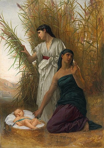 Elizabeth Jane Gardner Bouguereau, Die Aussetzung des Mosesknaben. (Christie's Images Ltd,Öl auf Leinwand,19. Jahrhundert,Religion,Bouguereau,Elizabeth Jane Gardner,1837-1922,Elizabeth Jane Bouguereau,Binsen,Mose,Moses,Mosesknabe,Moseskind,Baby,Kleinkind,Kind,Körbchen,Nil,Weidenkorb,Aussetzung,Altes Testament,Schwester,Sc)