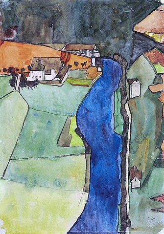 Egon Schiele, Stadt am blauen Fluss (Krumau). 1910 (Expressionismus,20. Jahrhundert,Metallfarbe und schwarzen Conté-Stiften auf Papier,Gouache/Aquarell,Christie's Images Ltd,1890-1918,Schiele,Egon,Egon Schiele, Fluss,Krumau,Moldau,Landschaft,Landschaftsbild,Felder)