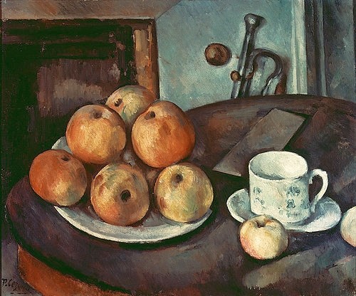 Paul Cézanne, Stillleben mit Äpfeln und Tasse. 1890/94 (Cézanne,Paul,1839-1906,Öl auf Leinwand,19. Jahrhundert,Stillleben,New York,Slg. Jakob Goldschmidt,Paul Cézanne,Cezanne,Apfel,Äpfel,Tasse,Tisch,Obst,Musikinstrument,Stillleben)