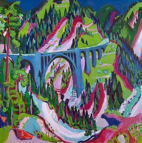 Ernst Ludwig Kirchner, Brücke bei Wiesen. 1926 (Kirchner,Ernst Ludwig,1880-1938,Davos,Kirchner-Museum,Öl auf Leinwand,20. Jahrhundert,Landschaft,Kirchner, Ernst Ludwig,Berg,Berge,Berglandschaft,Schweiz,Davos,Brücke,Aquädukt,farbenfroh,Hang,Tannen,Tannenbäume,Berghang)