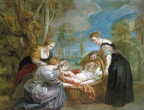 Peter Paul Rubens, Die Auffindung des Mosesknaben. (Rubens,Peter Paul,Christie's Images Ltd,Öl auf Leinwand,17. Jahrhundert,Barock,Religion,Werkstatt,Peter Paul Rubens,Mosesknabe,Moseskind,Baby,Kleinkind,Kind,Körbchen,Weidenkorb,Aussetzung,Altes Testament,Frauen,finden,Tochter des Pharao,Frau,drei)