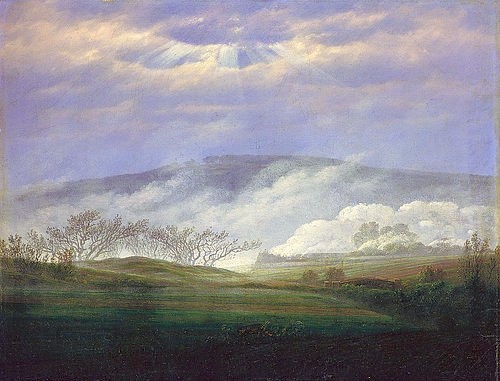 Caspar David Friedrich, Nebel im Elbttal. 1821. (Landschaft, Landschaftsmalerei, Hügel, Felder, Nebel, Dunst, Klassiker, Wohnzimmer, Treppenhaus,  Wunschgröße, Malerei, Romantik, bunt)