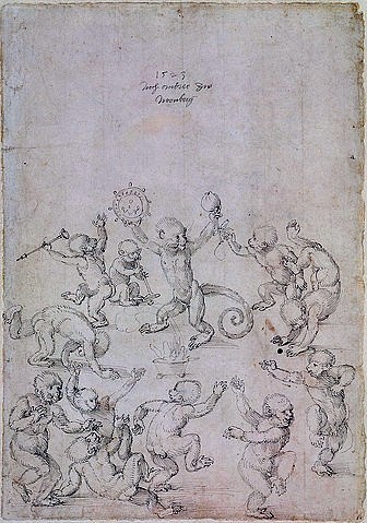 Albrecht Dürer, Affentanz. 1523 (Basel,Kunstmuseum,Dürer,Albrecht,1471-1528,Feder in Grau,16. Jahrhundert,Kupferstichkabinett,Tiere,Albrecht Dürer,Affe,Affen,Tanz,Reigen,tanzen,Tiere,Tamburin,Rassel,heiter,im Kreis,tanzende Tiere)