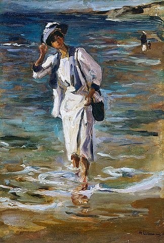 Max Liebermann, Frau am Strand. 1908 (Liebermann,Max,1847-1935,Privatbesitz,20. Jahrhundert,Impressionismus,Max Liebermann,Frau,Dame,Strand,Meer,Küste,Sommer,Sommerfrische,weißes Kleid,Füsse im Wasser)