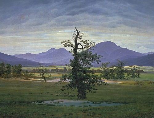 Caspar David Friedrich, Der einsame Baum (Dorflandschaft bei Morgenbeleuchtung) (Pendant zu Bildnummer 1433). 1823. (Friedrich,Caspar David,1774-1840,Berlin,Alte Nationalgalerie,Baum,Friedrich,Landschaft,einsam,Romantik,Morgen,19. Jahrhundert)