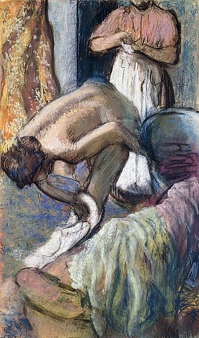 Edgar Degas, Frühstück nach dem Bad (Junge Frau beim Abtrocknen). / Le Petit-Déjeuner après le Bain (Jeune Femme s'essuyant). Um 1894 (Pastell/Kreide auf Papier,Impressionismus,19. Jahrhundert,Christie's Images Ltd,1834-1917,Degas,Edgar,Edgar Degas,1894,Baden,nach vorne beugen,lehnen,Frühstück,Akt,Frau,Dienerin,Pastell,Handtuch,Frauen,Körperpflege,intim,sich abtrocknen, französischer imp)