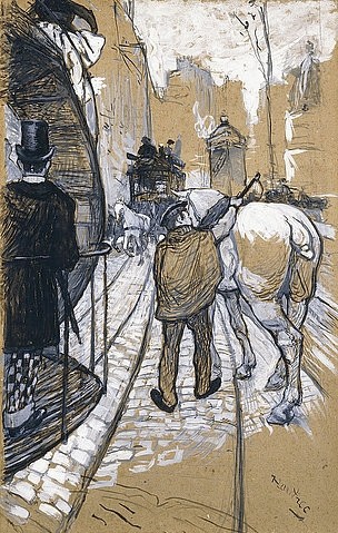 Henri de Toulouse-Lautrec, Der Kutscher (Le Cocher de la Compagnie des Omnibus). 1888 (Toulouse-Lautrec,Henri de,1864-1901,Christie's Images Ltd,Öl/Karton,19. Jahrhundert,Henri de Toulouse-Lautrec,1888,Mann,Umhang,Kutscher,Kutsche,Pferd,Omnibus,Rückenfigur,Zylinder,Straßenbahn,Verkehr,Transport,urban)